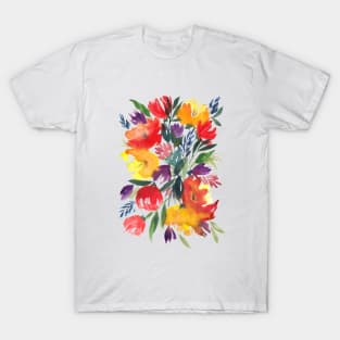 Watercolor Flowers, Red and Yellow Bouquet Illustration T-Shirt
